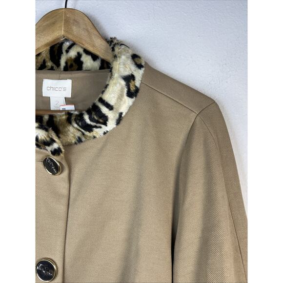 Chico's Women's Large Faux Fur Animal Collar swing Jacket Button Front Tan NWT - Picture 3 of 16